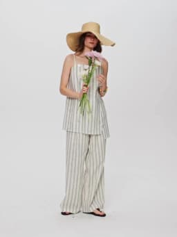 DUSHU 2026 Summer Women Striped Linen Cotton Straight Leg Elastic High Waist Breathable Casual Trousers Boho Beach Coastal Style