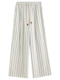 DUSHU 2026 Summer Women Striped Linen Cotton Straight Leg Elastic High Waist Breathable Casual Trousers Boho Beach Coastal Style