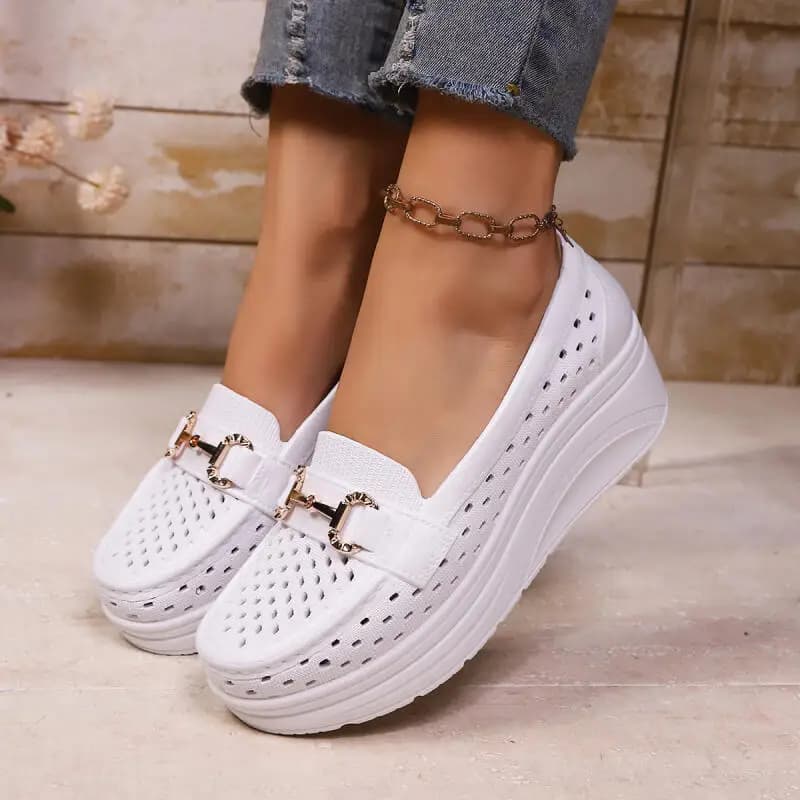 Soft Thick Bottom Height Increase White Loafers Women 2026 Summer Hollow Out Wedge Heel Pumps Women's Comfortable Nursing Shoes