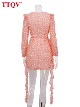 TTQV Fashion Slim Print Women's Dress 2026 Sexy Square Collar Long Sleeve Mini Dresses Elegant Classic Lace-Up Female Dress