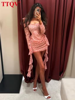 TTQV Fashion Slim Print Women's Dress 2026 Sexy Square Collar Long Sleeve Mini Dresses Elegant Classic Lace-Up Female Dress