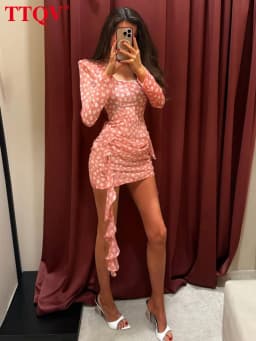 TTQV Fashion Slim Print Women's Dress 2026 Sexy Square Collar Long Sleeve Mini Dresses Elegant Classic Lace-Up Female Dress