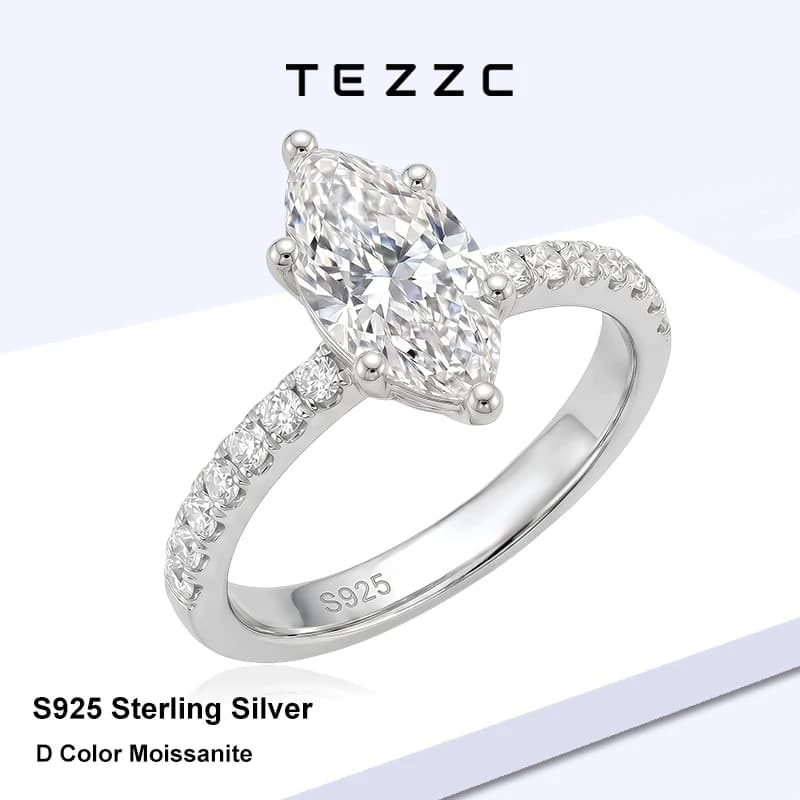 TEZZC 3CT Marquise Cut Moissanite Ring S925 Silver Gold Plated Engagement Wedding Band Lab Diamond Promise Rings For Women