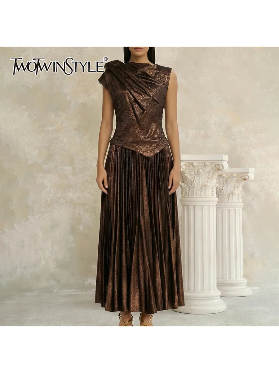 TWOTWINSTYLE Patchwork Folds Irrgular Dresses for Women Round Neck Sleeveless High Waist Long Dress Female Fashion Clothing 2026