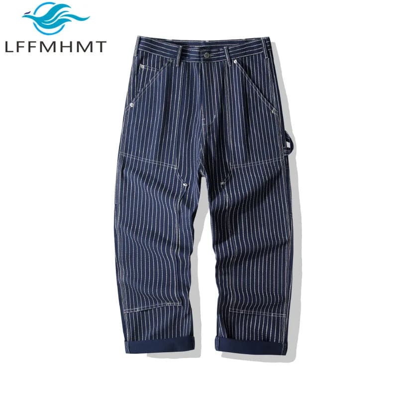 OKONKWO B01 Lumberjack Striped Canvas Full Length Casual Work Pants Durable Everyday Wear Fashionable Outdoor Trouser for Men