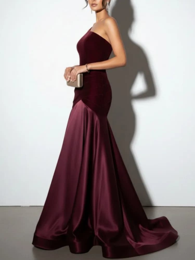 Yeezzi 2026 New Women One-Shoulder Floor-length Formal Evening Gown Elegant Velvet Patchwork Pleated High-low Party Maxi Dresses