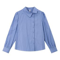 VIMLY Women's Blue Striped Shirt 2026 Spring New Irregular Placket Turn-Down Collar Long Sleeve Top Casual Commute Shirt A3711