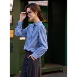 VIMLY Women's Blue Striped Shirt 2026 Spring New Irregular Placket Turn-Down Collar Long Sleeve Top Casual Commute Shirt A3711