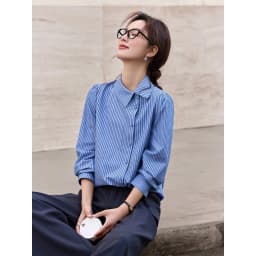 VIMLY Women's Blue Striped Shirt 2026 Spring New Irregular Placket Turn-Down Collar Long Sleeve Top Casual Commute Shirt A3711