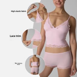 Europe American Simple Pink Light Thin Lace Strap Tank Top Flat Corner Lace Underwear for Women Comfortable Stretchy Short Sets