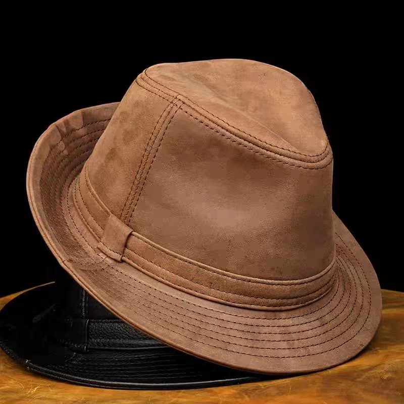 Genuine Leather Cowhide Sheepskin Men Gentleman Fedoras Hat for Performance Travel Warm Winter Autumn Top Hat