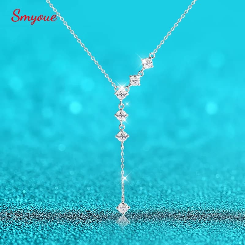 Smyoue 4mm Tassel Necklace Moissanite Pendant Round Cut Sparkling Neck Chain Girls Christmas Gift 925 Sterling Silver Plated 18K
