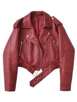 Ailegogo New Streetwear Women Loose Short Pu Faux Leather Jacket Moto Biker Female Belt Zipper Coat Outwear