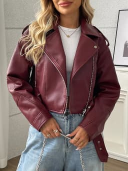 Ailegogo New Streetwear Women Loose Short Pu Faux Leather Jacket Moto Biker Female Belt Zipper Coat Outwear