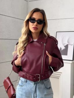 Ailegogo New Streetwear Women Loose Short Pu Faux Leather Jacket Moto Biker Female Belt Zipper Coat Outwear