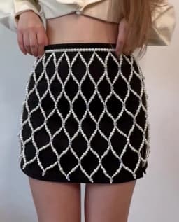 Handmade Female Party Evening Outfits Hollow Body Chain Unique Pearl Beaded Mesh Mini Skirt