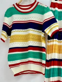 Retrowomen's spring/summer new two-piece striped knit Joker Top+elastic waist and white skirt swing overskirt fashion suit