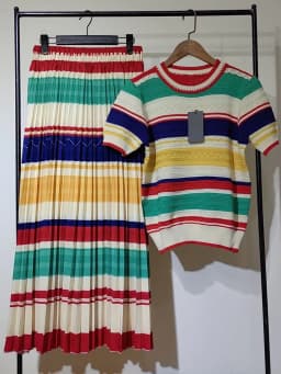 Retrowomen's spring/summer new two-piece striped knit Joker Top+elastic waist and white skirt swing overskirt fashion suit