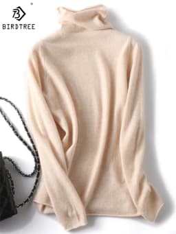 Birdtree Women's Turtleneck Edge Curl Basic Knitted Sweaters, Undershirt, 100% Australian Wool Pullover, Autumn Winter T39244QM
