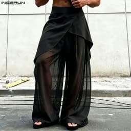 INCERUN Men Pants Mesh Patchwork Wide Leg Trousers For Man Streetwear Loose See Through 2026 Fashion Irregular Pants Pantalones