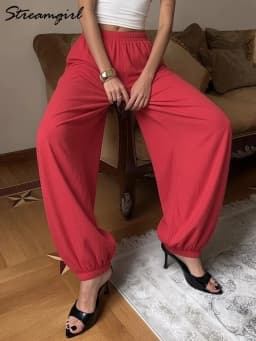 Wide Leg Red Pants For Women Cotton Long Bloomers White Autumn Elastic Waist Lantern Trousers Women Straight Practice Pants Lady