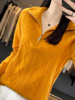 Women 100% Merino Wool Sweater Turtleneck Twisted Zipper Half Open Neck Pullover Autumn Winter Thickened Casual Knit Loose Tops