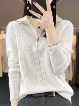 Women 100% Merino Wool Sweater Turtleneck Twisted Zipper Half Open Neck Pullover Autumn Winter Thickened Casual Knit Loose Tops