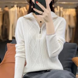Women 100% Merino Wool Sweater Turtleneck Twisted Zipper Half Open Neck Pullover Autumn Winter Thickened Casual Knit Loose Tops