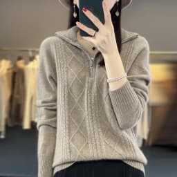 Women 100% Merino Wool Sweater Turtleneck Twisted Zipper Half Open Neck Pullover Autumn Winter Thickened Casual Knit Loose Tops