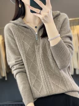 Women 100% Merino Wool Sweater Turtleneck Twisted Zipper Half Open Neck Pullover Autumn Winter Thickened Casual Knit Loose Tops