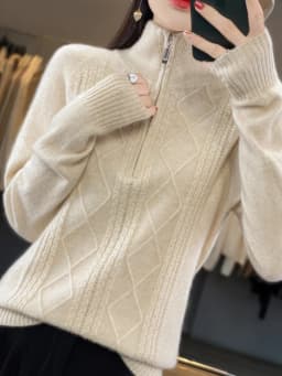 Women 100% Merino Wool Sweater Turtleneck Twisted Zipper Half Open Neck Pullover Autumn Winter Thickened Casual Knit Loose Tops