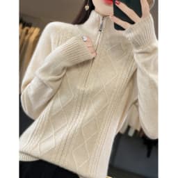 Women 100% Merino Wool Sweater Turtleneck Twisted Zipper Half Open Neck Pullover Autumn Winter Thickened Casual Knit Loose Tops