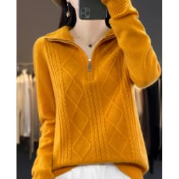 Women 100% Merino Wool Sweater Turtleneck Twisted Zipper Half Open Neck Pullover Autumn Winter Thickened Casual Knit Loose Tops