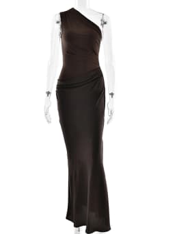 JULISSA MO Patchwork Satin Sexy One Shoulder Women Maxi Dress Brown Sleeveless Evening Dress Summer Slim Elegant Party Clubwear