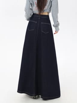 Women's Vintage A-Line Denim Long Skirts, Casual High Waist Jean Skirt, Blue, All-Match, Korean Fashion, 2021