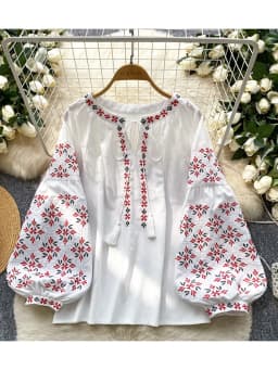 Women's Spring Blouse Retro Ethnic Style New Chinese Lantern Sleeve Shirt Loose Thin Tassel Embroidery Design Blusa Top BL187