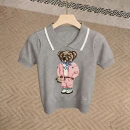 New Fashion Casual Knitted Top Women Pink Cartoon Bear Embroidery Lapel Short Sleeve Pullover Sweater Spring Summer Knitwear