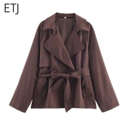 ETJ Autumn 2025 new collection women's British style lapel double-breasted Maillard color belt casual trench coat