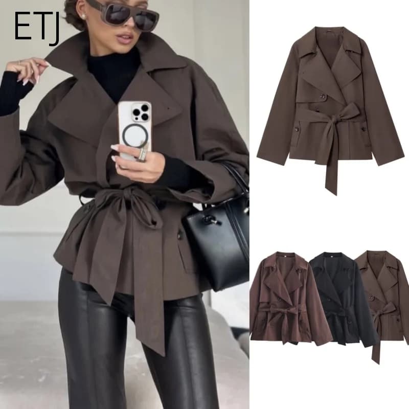 ETJ Autumn 2025 new collection women's British style lapel double-breasted Maillard color belt casual trench coat