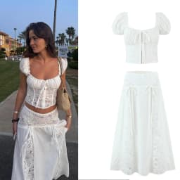 Suninheart Women's Matching Sets White Y2k Vintage Lace Square Neck Cropped Top & Maxi Skirt Set Holiday Dress Boho Beachwear