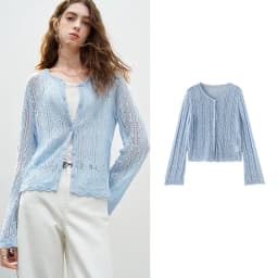 TOYOUTH Women Lyocell Linen Knit Top 2026 Spring New Hollow-Out Vintage Romantic Trumpet Sleeve Blouse