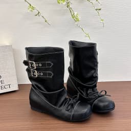 Kawaii Korean Butterfly-knot Women's Mid Calf Boots Double Buckle Strap Flat Shoes Round Toe Pleated Casual Daily Short Boots