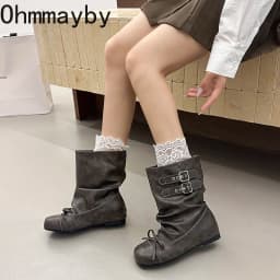 Kawaii Korean Butterfly-knot Women's Mid Calf Boots Double Buckle Strap Flat Shoes Round Toe Pleated Casual Daily Short Boots