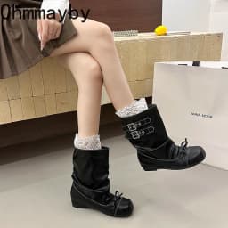 Kawaii Korean Butterfly-knot Women's Mid Calf Boots Double Buckle Strap Flat Shoes Round Toe Pleated Casual Daily Short Boots