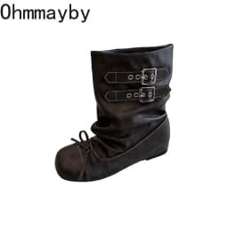 Kawaii Korean Butterfly-knot Women's Mid Calf Boots Double Buckle Strap Flat Shoes Round Toe Pleated Casual Daily Short Boots