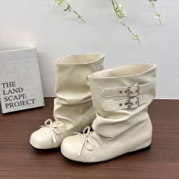 Kawaii Korean Butterfly-knot Women's Mid Calf Boots Double Buckle Strap Flat Shoes Round Toe Pleated Casual Daily Short Boots
