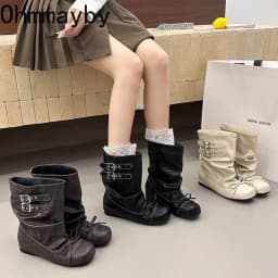 Kawaii Korean Butterfly-knot Women's Mid Calf Boots Double Buckle Strap Flat Shoes Round Toe Pleated Casual Daily Short Boots