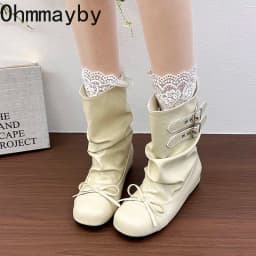 Kawaii Korean Butterfly-knot Women's Mid Calf Boots Double Buckle Strap Flat Shoes Round Toe Pleated Casual Daily Short Boots