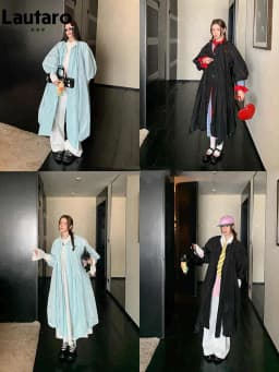 Lautaro Spring Autumn Long Cute Sweet Thin Blue Trench Coat for Women Bow Lantern Sleeve Loose Casual Chic Fashion Overcoat 2026
