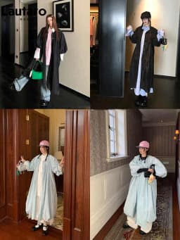 Lautaro Spring Autumn Long Cute Sweet Thin Blue Trench Coat for Women Bow Lantern Sleeve Loose Casual Chic Fashion Overcoat 2026